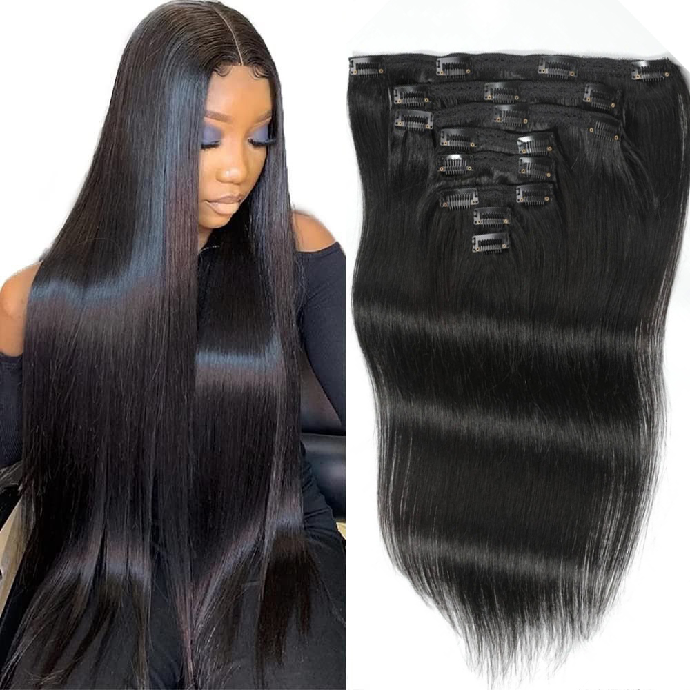 Seamless Clip In Hair Extensions Human Hair - Düz Saç Uzatma Perukları, İnsan Saçından