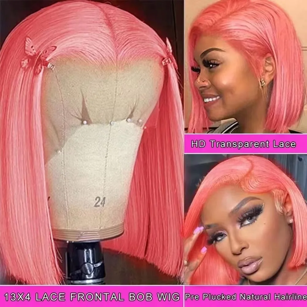 Pre Parted 13X4 Lace Front Bob Wig - 10 İnç Pembe Bob Peruk, %180